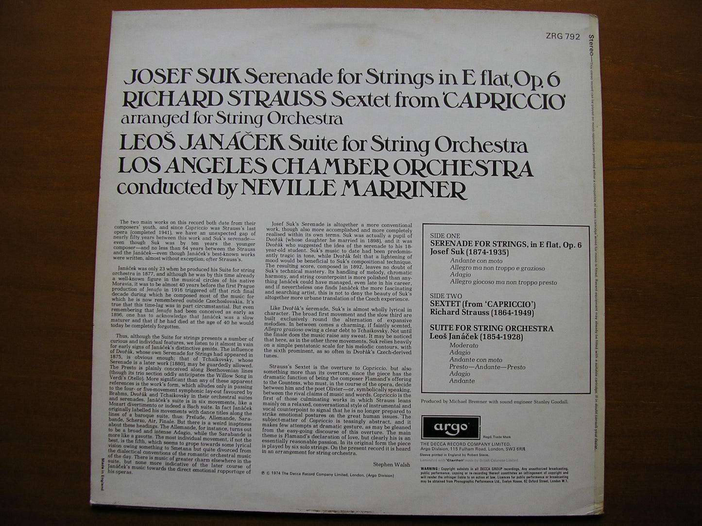 JANACEK / STRAUSS / SUK: MUSIC FOR STRINGS MARRINER / LOS ANGELES CHAMBER ORCHESTRA ZRG 792