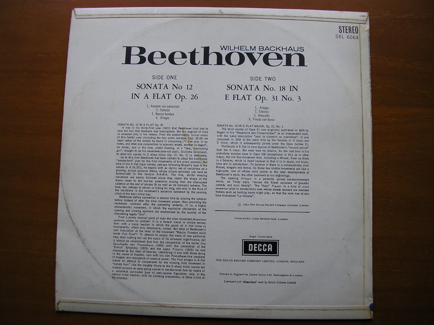 SXL 6064 BEETHOVEN: PIANO SONATAS Nos. 12 & 18 WILHELM BACKHAUS ED1
