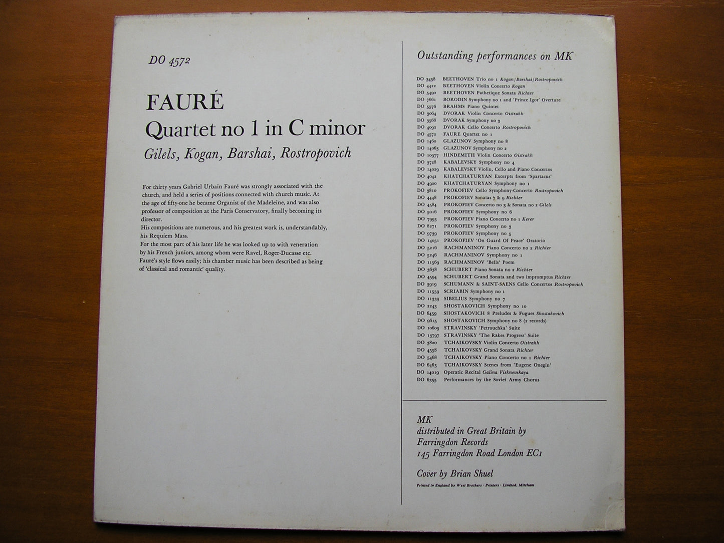 FAURE: QUARTET No. 1 ROSTROPOVICH / KOGAN / GILELS / BARSHAI DO 4572