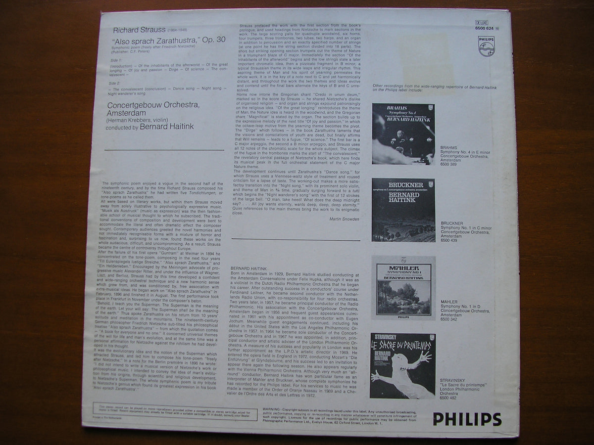 STRAUSS: ALSO SPRACH ZARATHUSTRA HAITINK / CONCERTGEBOUW ORCHESTRA 6500 624
