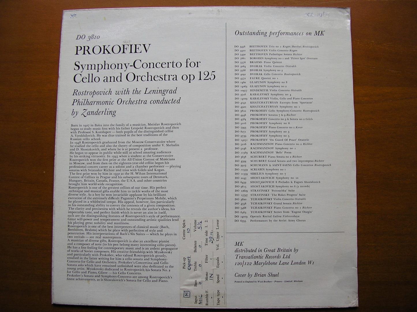 PROKOFIEV: CELLO CONCERTO ROSTROPOVICH / LENINGRAD PHILHARMONIC / ZANDERLING DO 3810