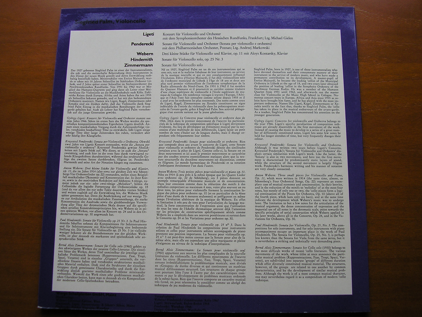 LIGETI / PENDERECKI / ZIMMERMANN / WEBERN: WORKS FOR CELLO SIEGRIED PALM WER 60036