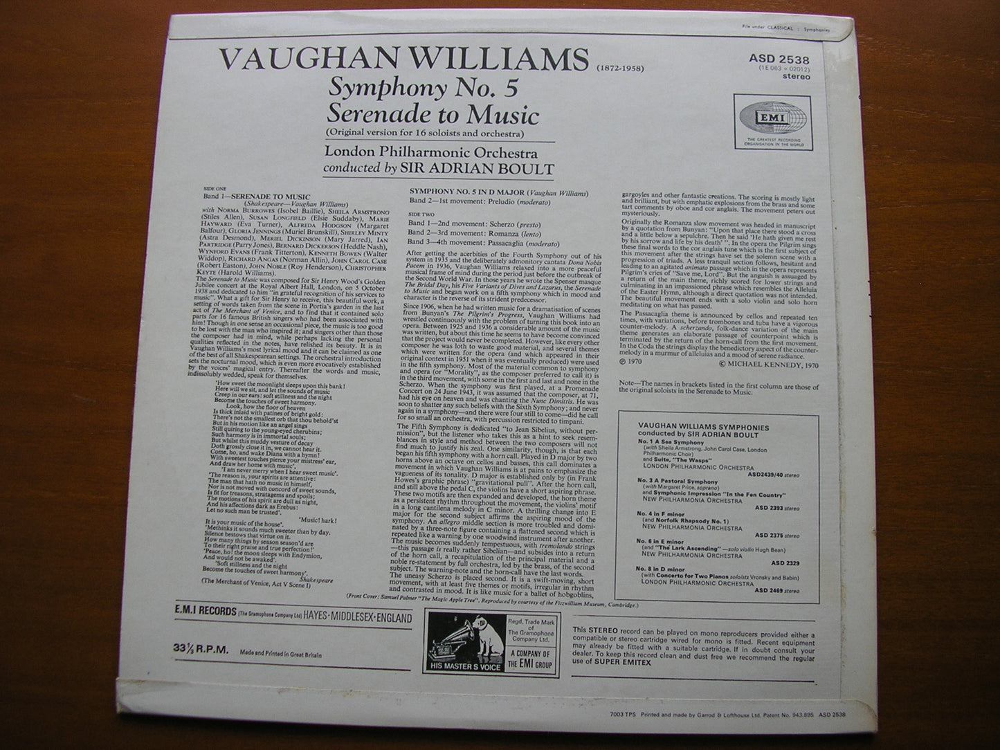 VAUGHAN WILLIAMS: SYMPHONY No. 5 / SERENADE TO MUSIC SOLOISTS / LONDON PHILHARMONIC / BOULT ASD 2538
