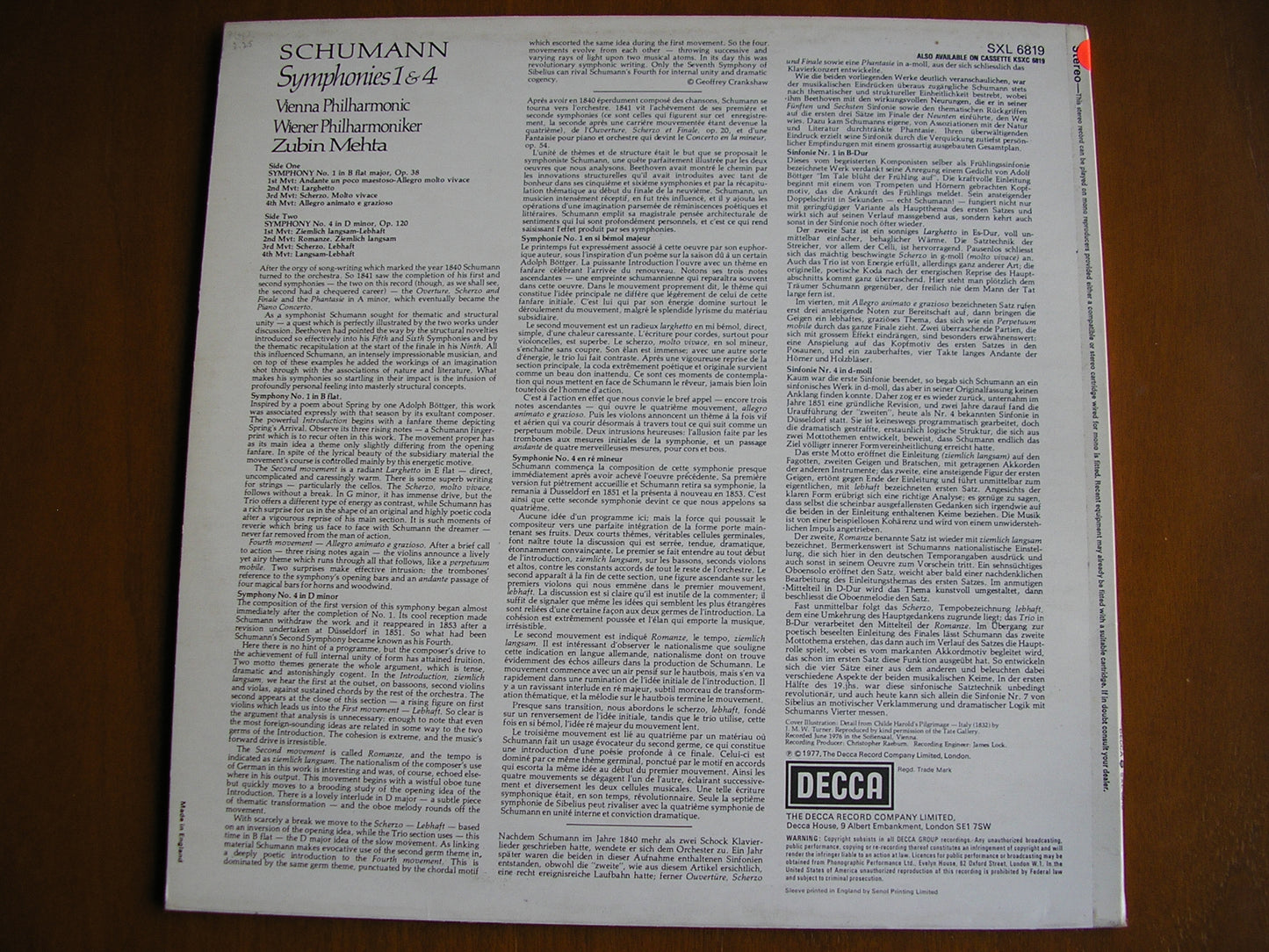 SCHUMANN: SYMPHONIES Nos. 1 & 4 MEHTA / VIENNA PHILHARMONIC test pressing SXL 6819
