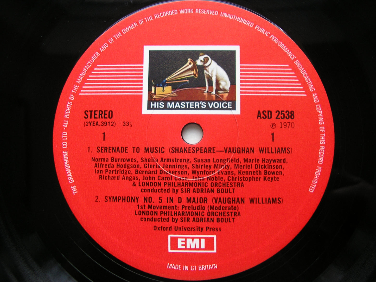 VAUGHAN WILLIAMS: SYMPHONY No. 5 / SERENADE TO MUSIC SOLOISTS / LONDON PHILHARMONIC / BOULT ASD 2538