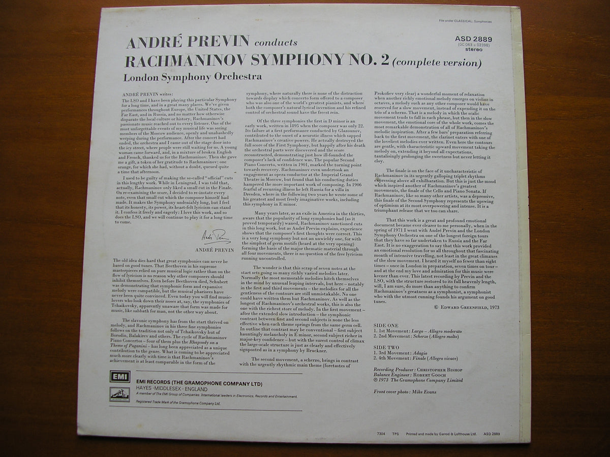 RACHMANINOV: SYMPHONY No. 2 PREVIN / LONDON SYMPHONY ASD 2889