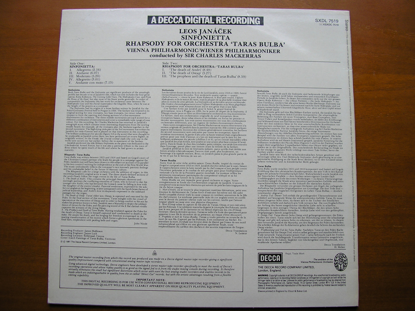 JANACEK: SINFONIETTA / TARAS BULBA MACKERRAS / VIENNA PHILHARMONIC SXDL 7519