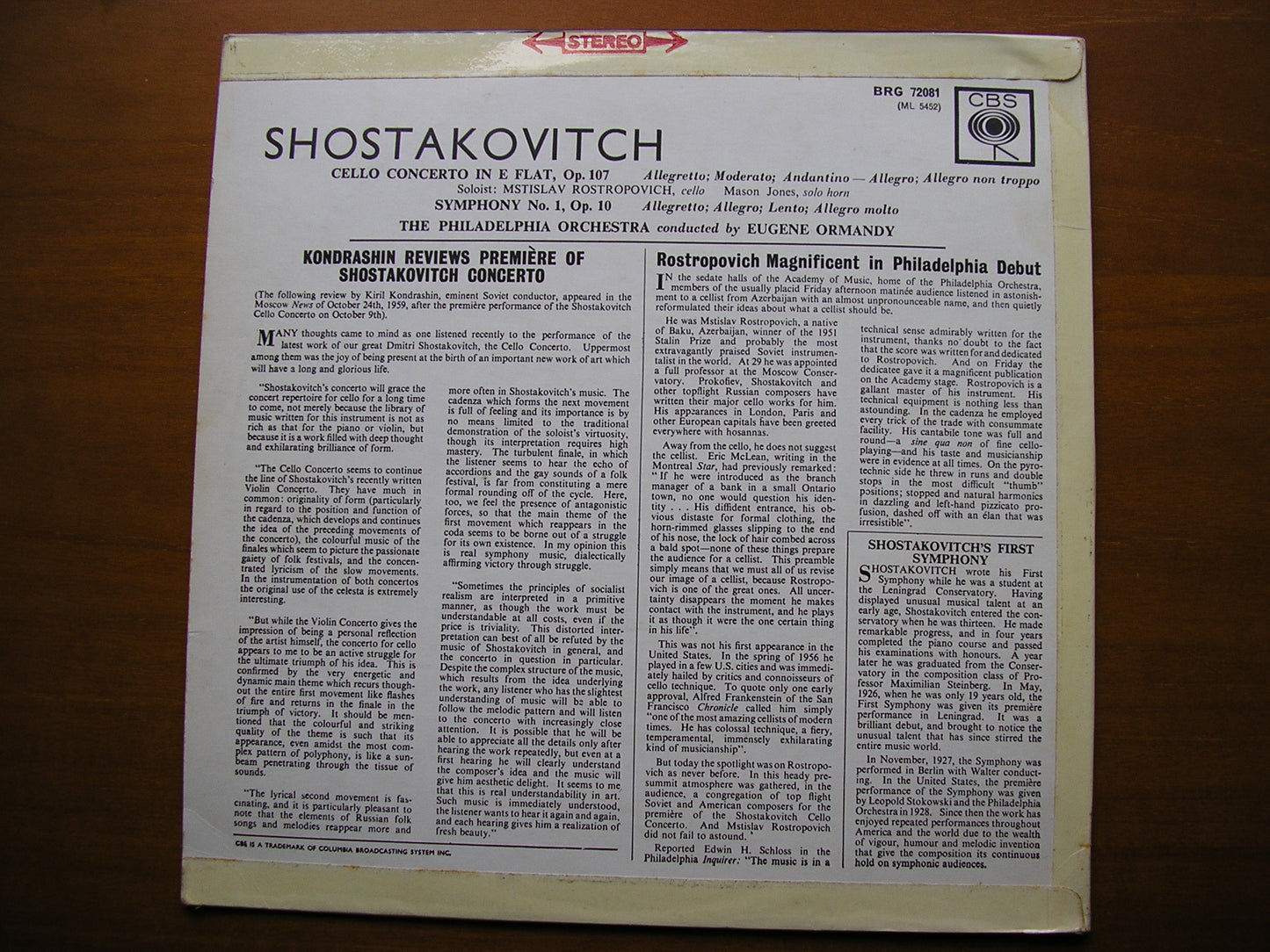 SHOSTAKOVICH: CELLO CONCERTO No. 1 / SYMPHONY No. 1 ROSTROPOVICH / PHILADELPHIA ORCHESTRA / ORMANDY SBRG 72081