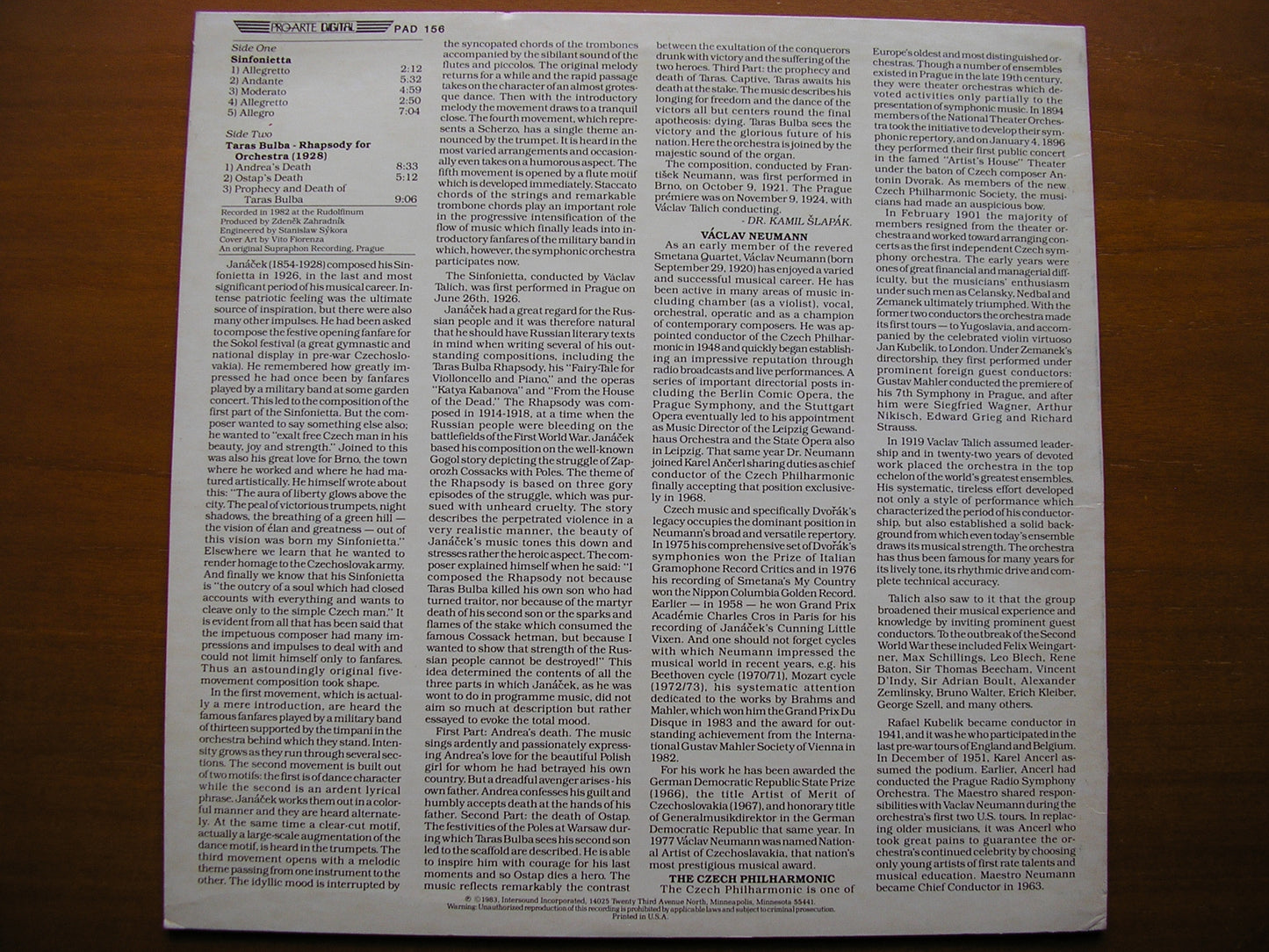 JANACEK: SINFONIETTA / TARAS BULBA NEUMANN / CZECH PHILHARMONIC PAD 156