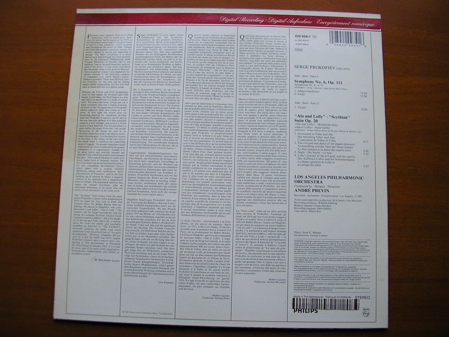 PROKOFIEV: SYMPHONY No. 6 / SCYTHIAN SUITE PREVIN / LOS ANGELES PHILHARMONIC 420 934