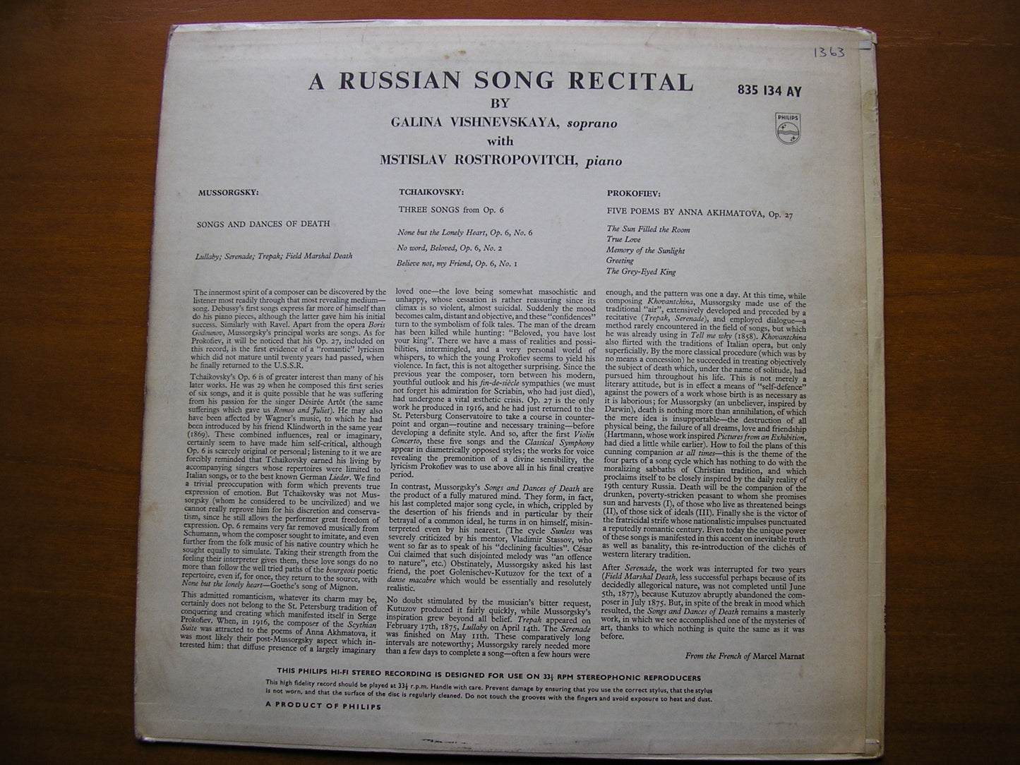 A RUSSIAN SONG RECITAL: TCHAIKOVSKY / MUSORGSKY / PROKOFIEV VISHNEVSKAYA / ROSTROPOVICH 835 134 AY