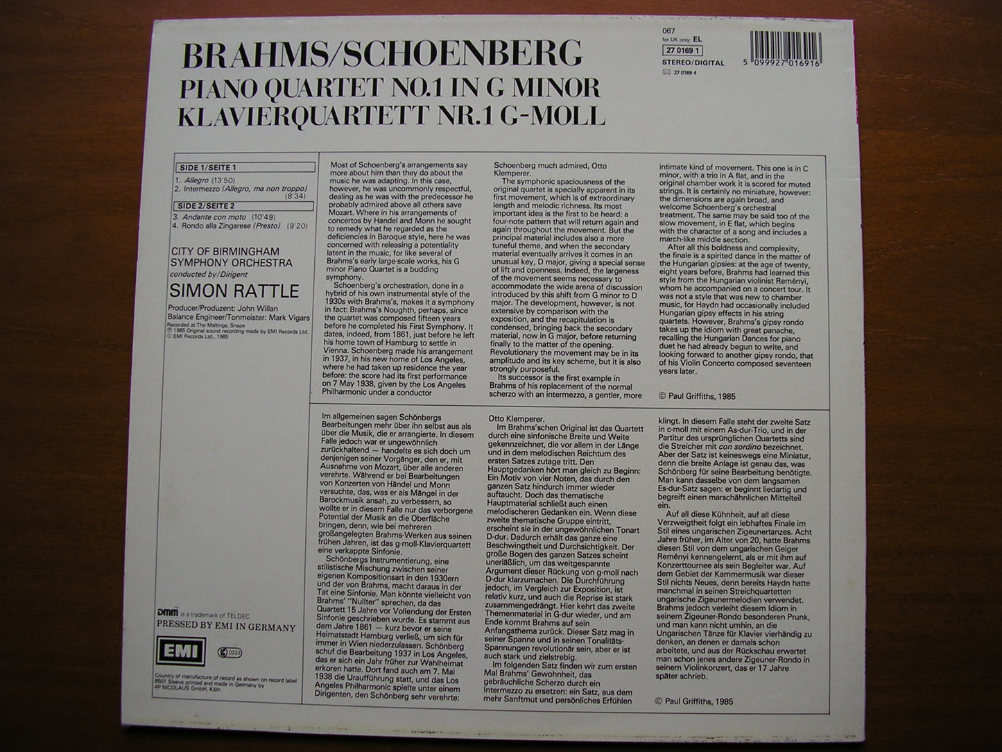 BRAHMS / SCHOENBERG: PIANO QUARTET No. 1 ORCHESTRAL ARRANGEMENT (1937) RATTLE / CBSO 27 0169