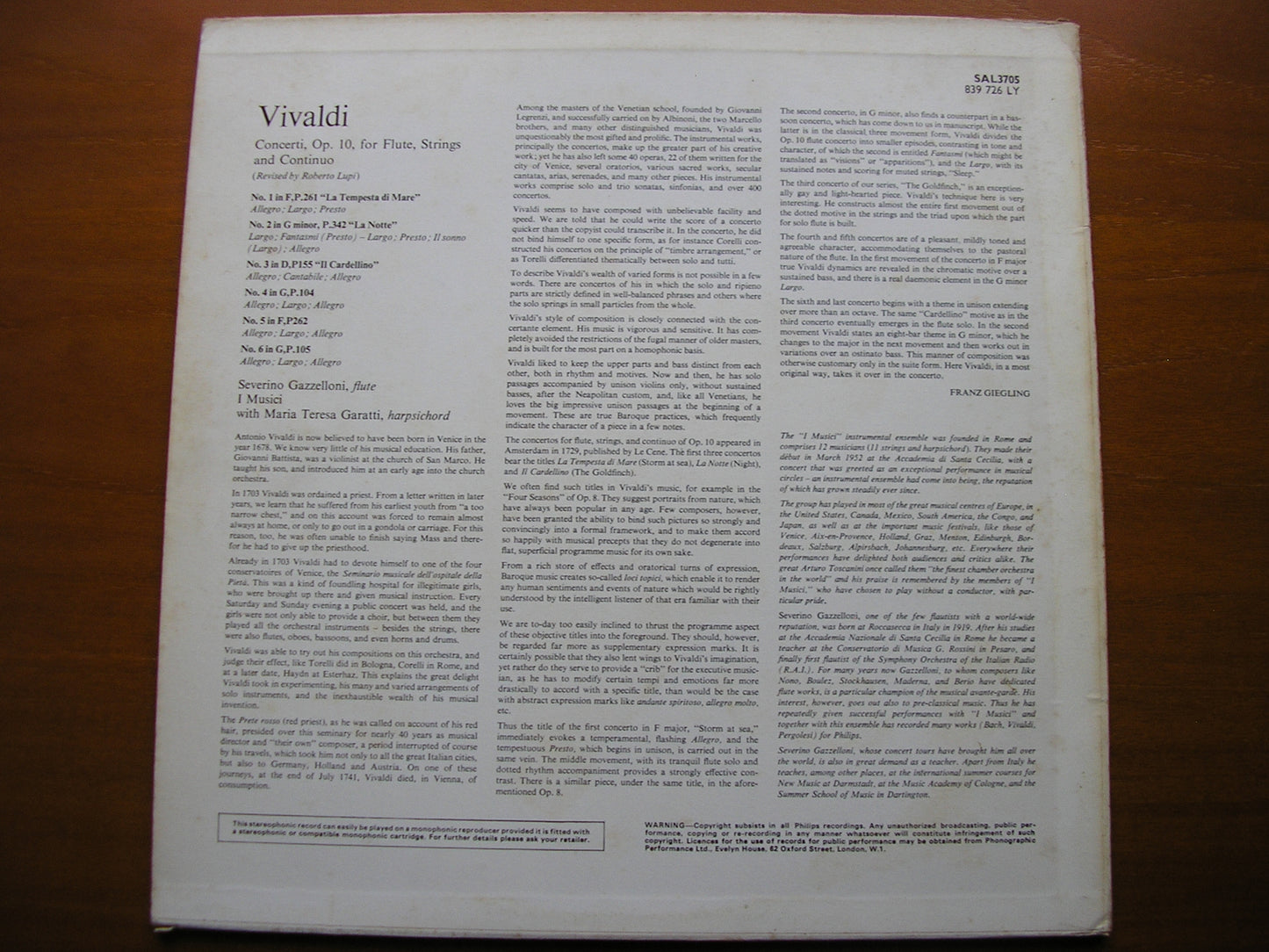 VIVALDI: FLUTE CONCERTOS Op. 10 SEVERINO GAZZELLONI / I MUSICI SAL 3705