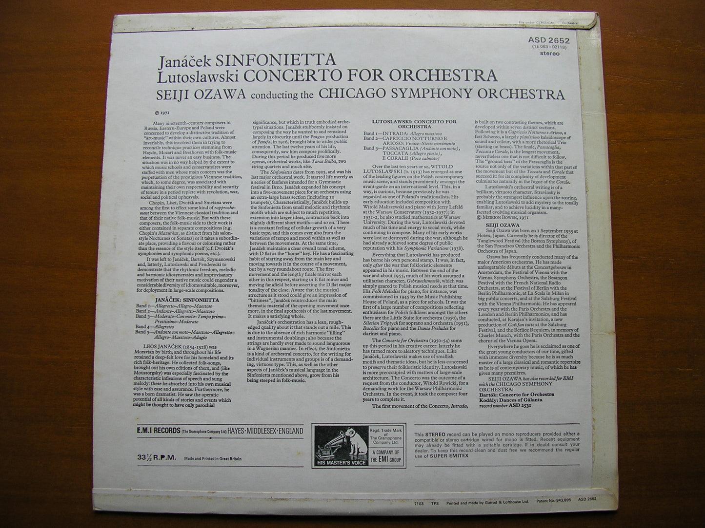 JANACEK: SINFONIETTA / LUTOSLAWSKI: CONCERTO FOR ORCHESTRA OZAWA / CHICAGO SYMPHONY ASD 2652
