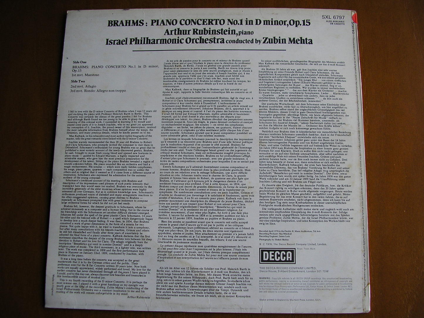 BRAHMS: PIANO CONCERTO No. 1 RUBINSTEIN / ISRAEL PHILHARMONIC / MEHTA test pressing SXL 6797