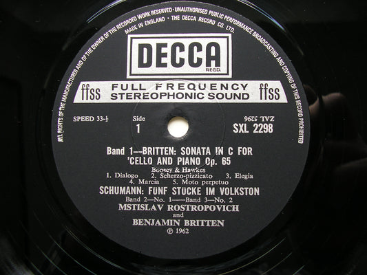 BRITTEN / DEBUSSY / SCHUMANN: MUSIC FOR CELLO & PIANO ROSTROPOVICH / BRITTEN SXL 2298