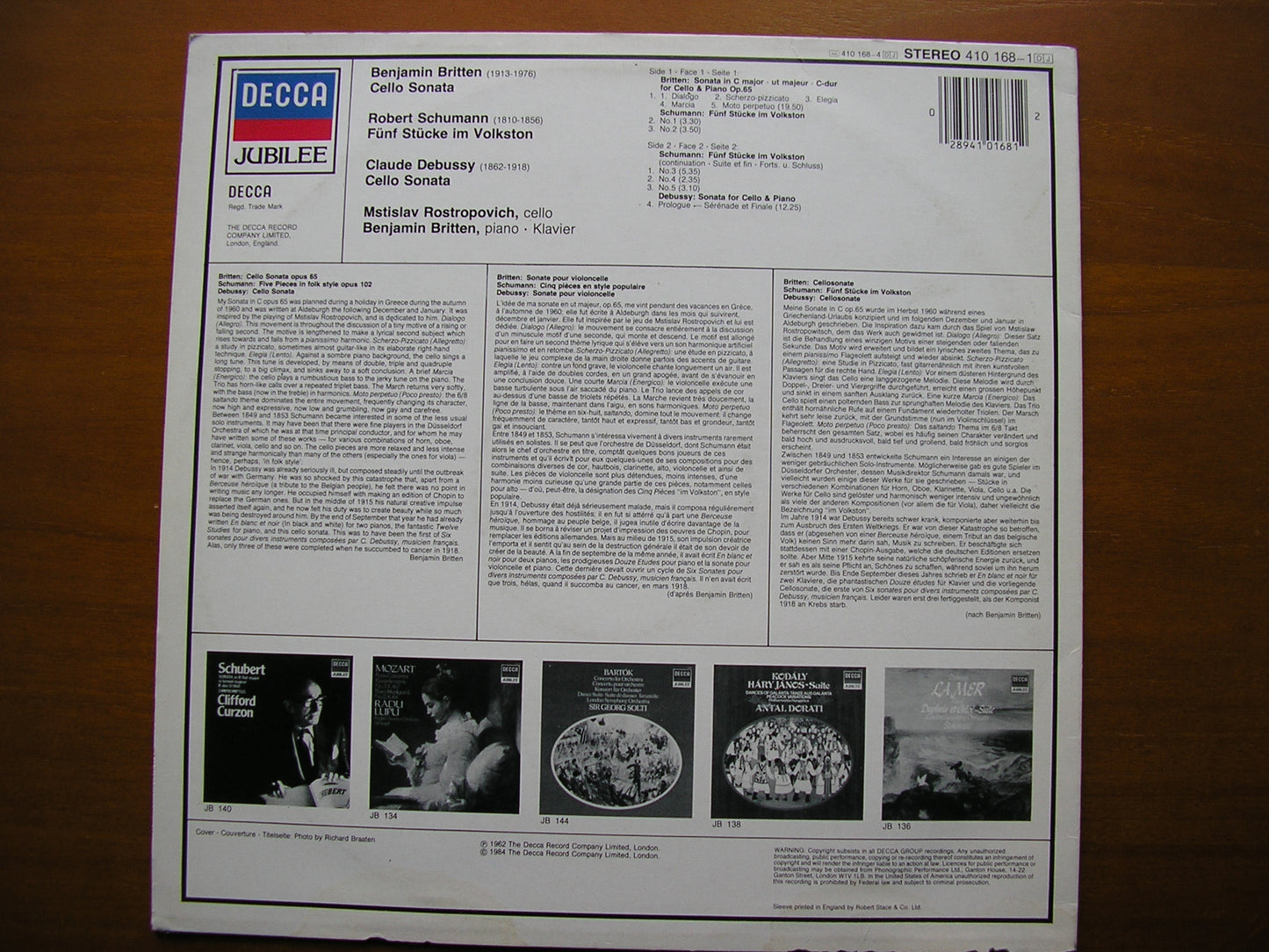 BRITTEN / DEBUSSY / SCHUMANN: MUSIC FOR CELLO & PIANO ROSTROPOVICH / BRITTEN 410 168