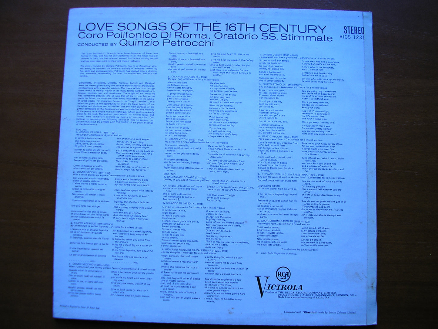 LOVE SONGS OF THE 16th CENTURY: JOSQUIN / VECCHI / DONATO / DI LASSO / PALESTRINA / GASTOLDI CHOIR / PETROCCHI VICS 1231
