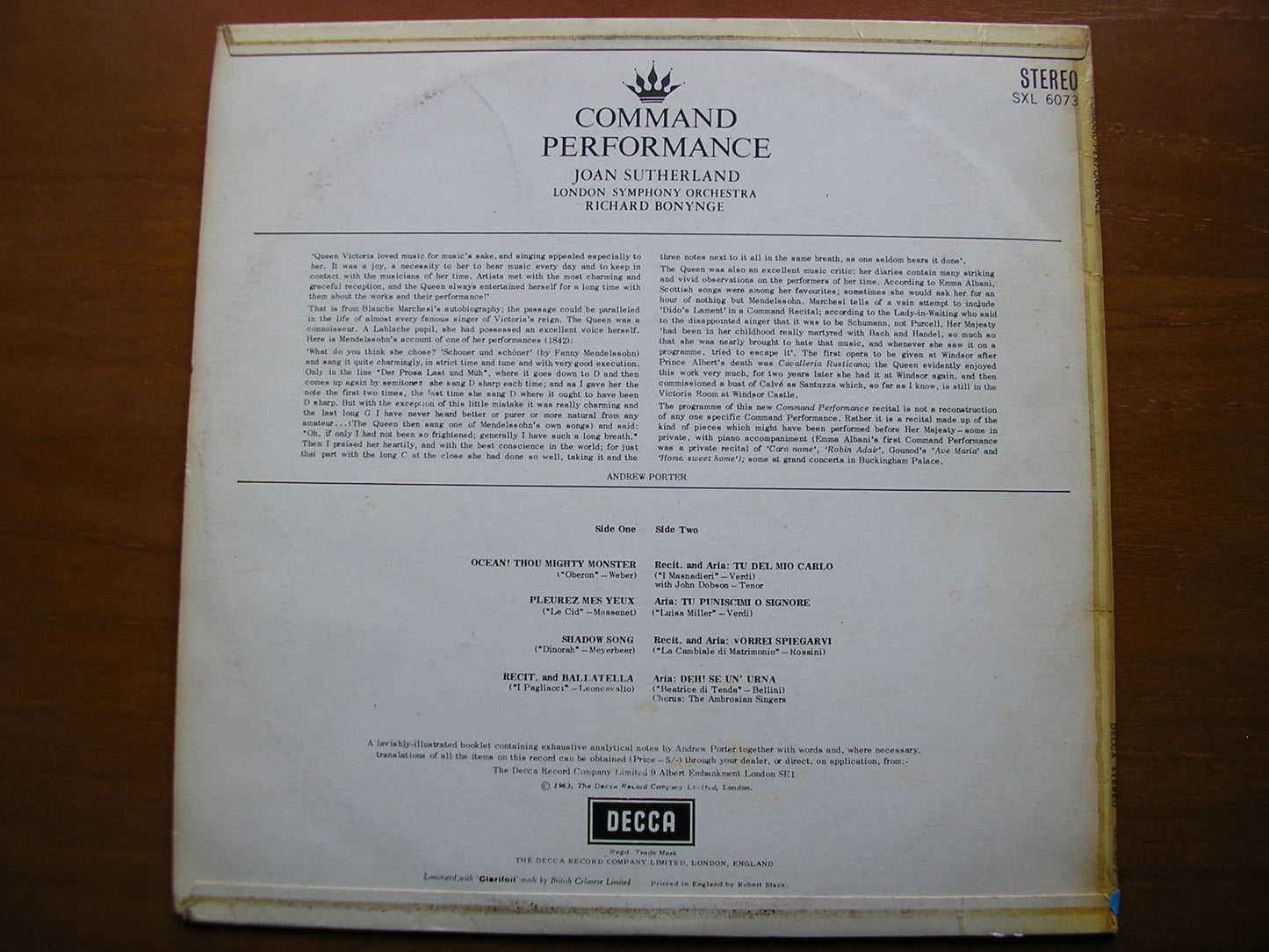 SXL 6073 COMMAND PERFORMANCE Volume 1: OPERA ARIAS JOAN SUTHERLAND / LONDON SYMPHONY / BONYNGE ED1