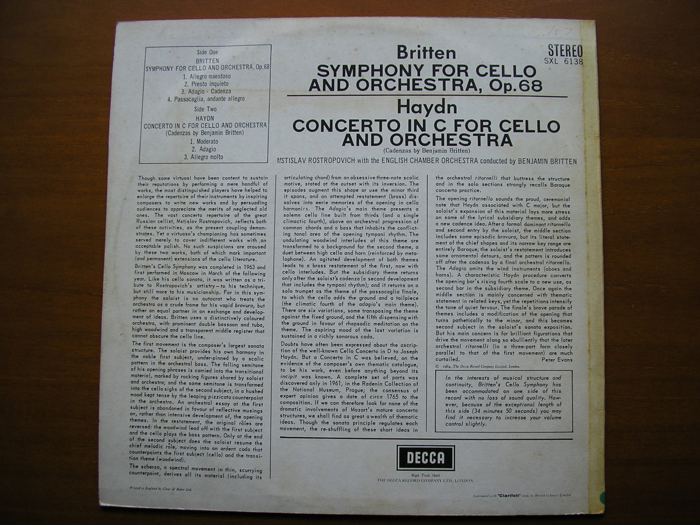 BRITTEN: CELLO SYMPHONY Op. 68 / HAYDN: CELLO CONCERTO in C ROSTROPOVICH / ECO / BRITTEN SXL 6138