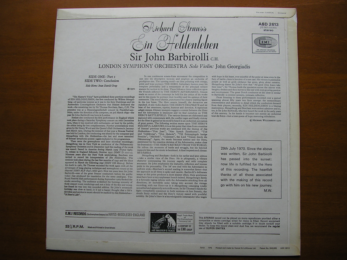 STRAUSS: EIN HELDENLEBEN BARBIROLLI / LONDON SYMPHONY ASD 2613