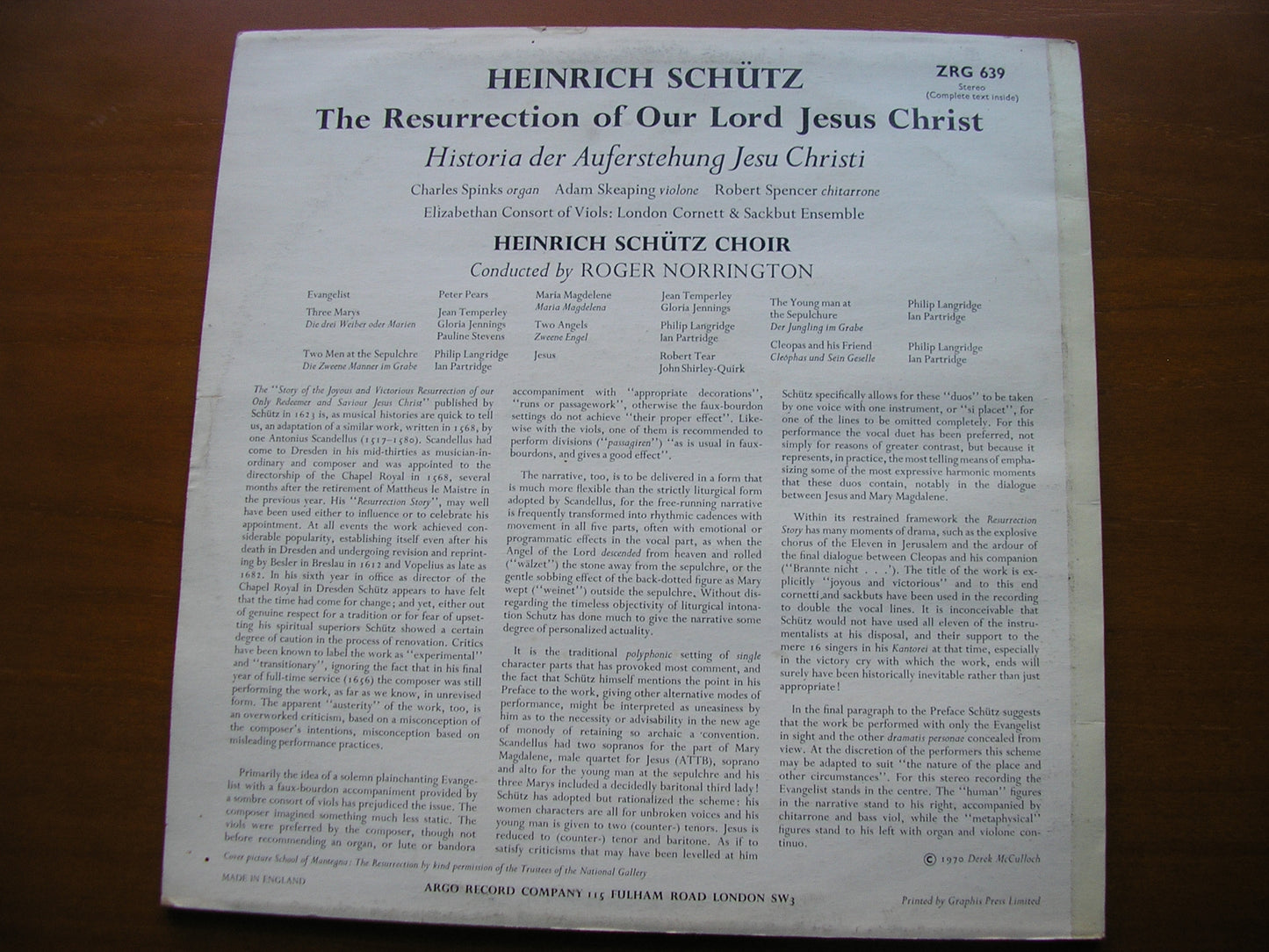 SCHUTZ: THE RESURRECTION      SOLOISTS /HEINRICH SCHUTZ CHOIR / NORRINGTON      ZRG 639