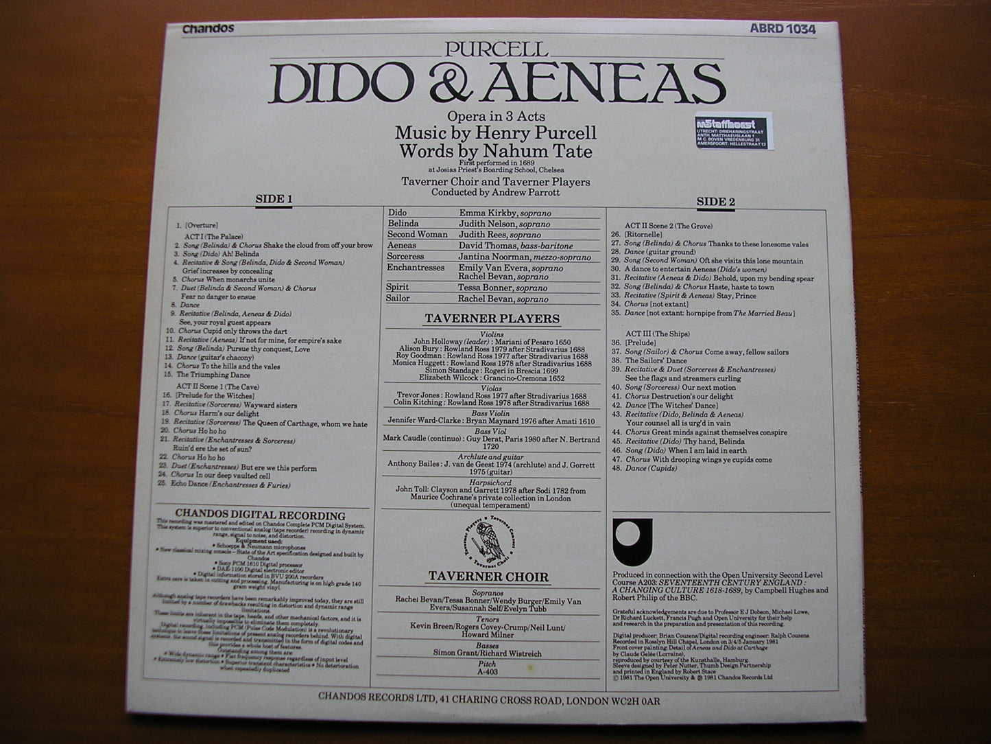 PURCELL: DIDO & AENEAS (1689) KIRKBY /NELSON / THOMAS / TAVERNER PLAYERS / PARROTT ABRD 1034 ABRD 1034