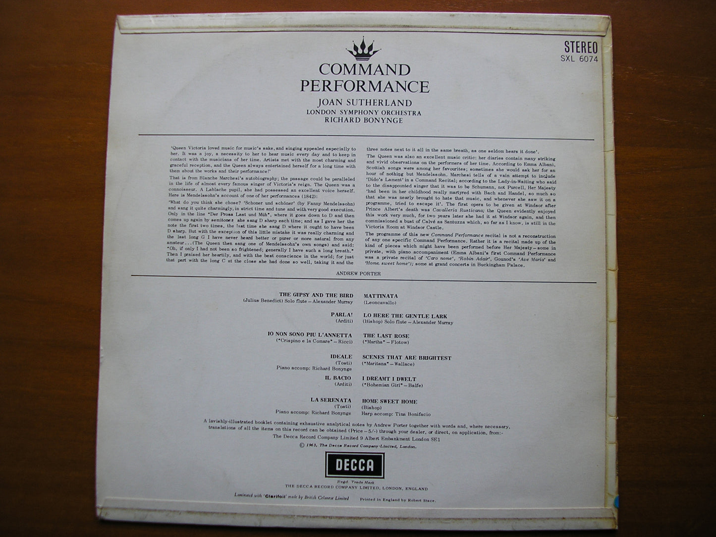 SXL 6074 COMMAND PERFORMANCE Volume 2: ARIAS & SONGS JOAN SUTHERLAND / LONDON SYMPHONY / BONYNGE ED1