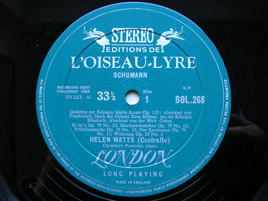 A LIEDER RECITAL: BRAHMS & SCHUMANN HELEN WATTS / GEOFFREY PARSONS / CECIL ARONOWITZ SOL 268