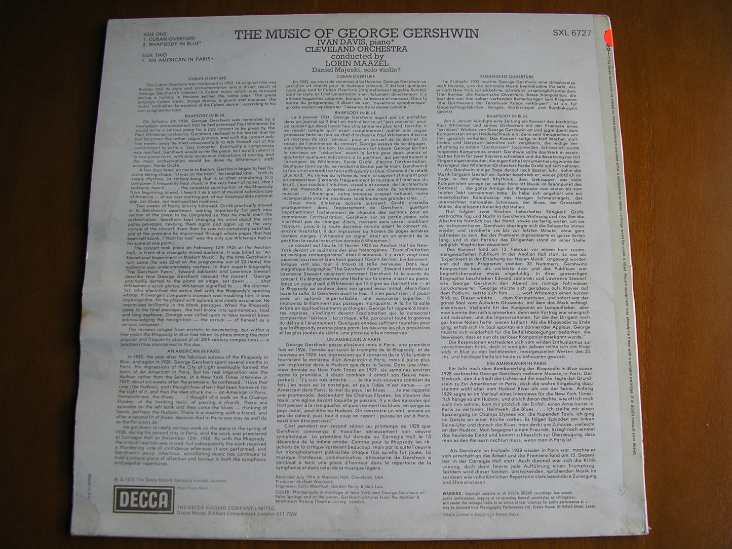 GERSHWIN: CUBAN OVERTURE / RHAPSODY IN BLUE / AN AMERICAN IN PARIS DAVIS / CLEVELAND ORCHESTRA / MAAZEL test pressing SXL 6727