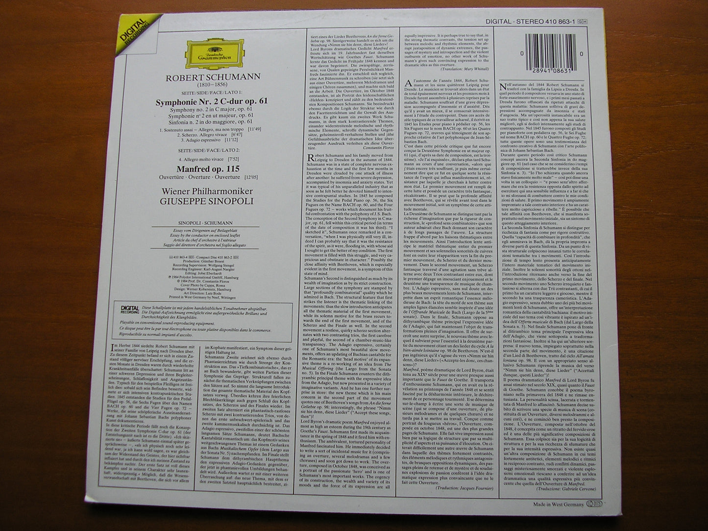 SCHUMANN: SYMPHONY No. 2 / MANFRED OVERTURE SINOPOLI / VIENNA PHILHARMONIC 410 863