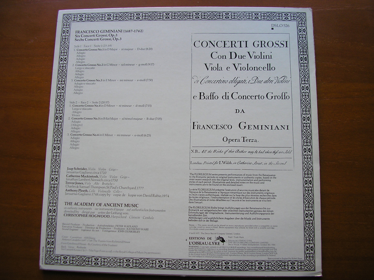 GEMINIANI: SIX CONCERTI GROSSI Op. 3 HOGWOOD / THE ACADEMY OF ANCIENT MUSIC DSLO 526
