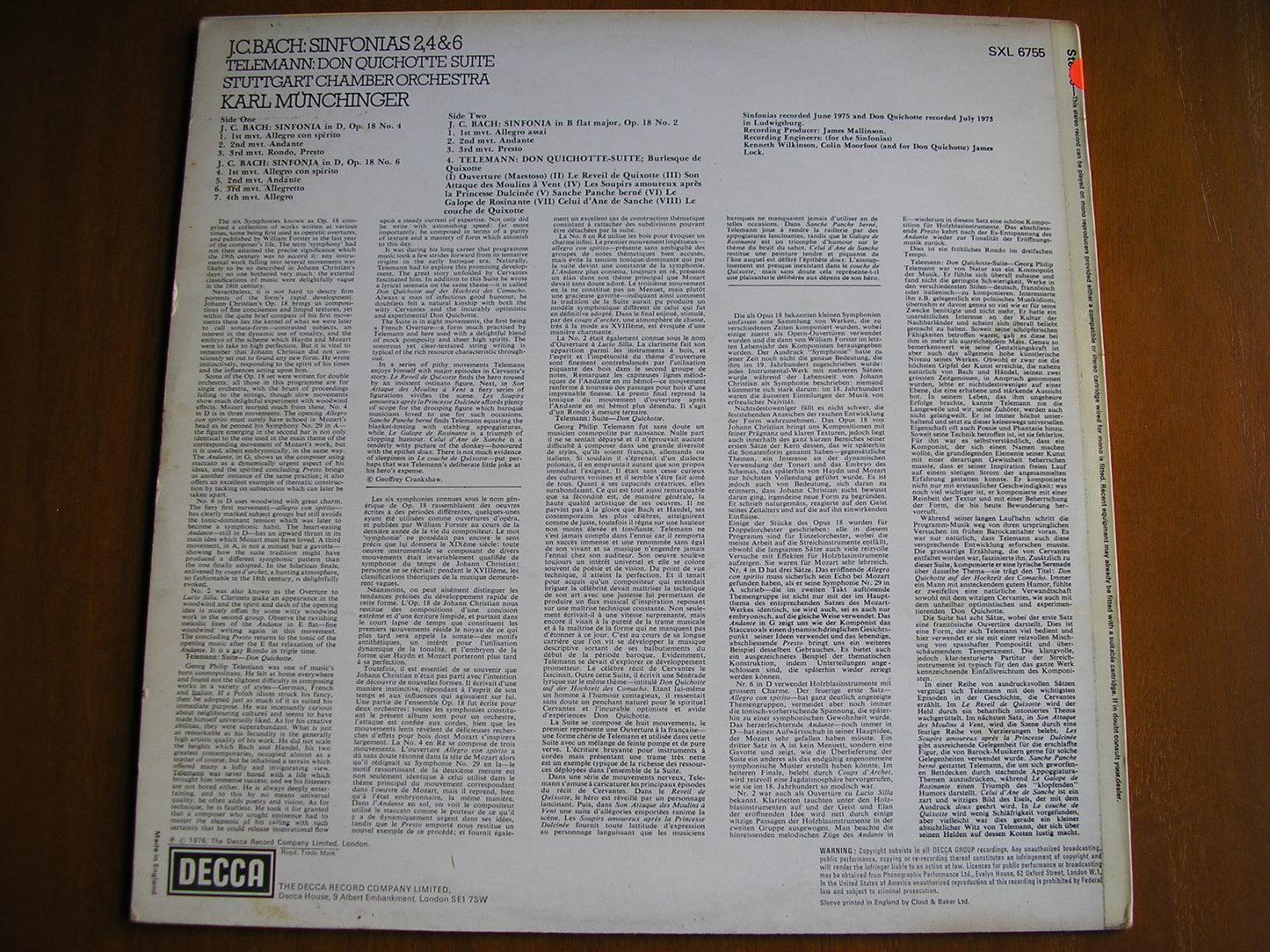 BACH JC: SINFONIAS Op. 18 Nos. 2 / 4 / 6 / TELEMANN: DON QUICHOTTE Suite MUNCHINGER / STUTTGART CHAMBER ORCHESTRA test pressing SXL 6755