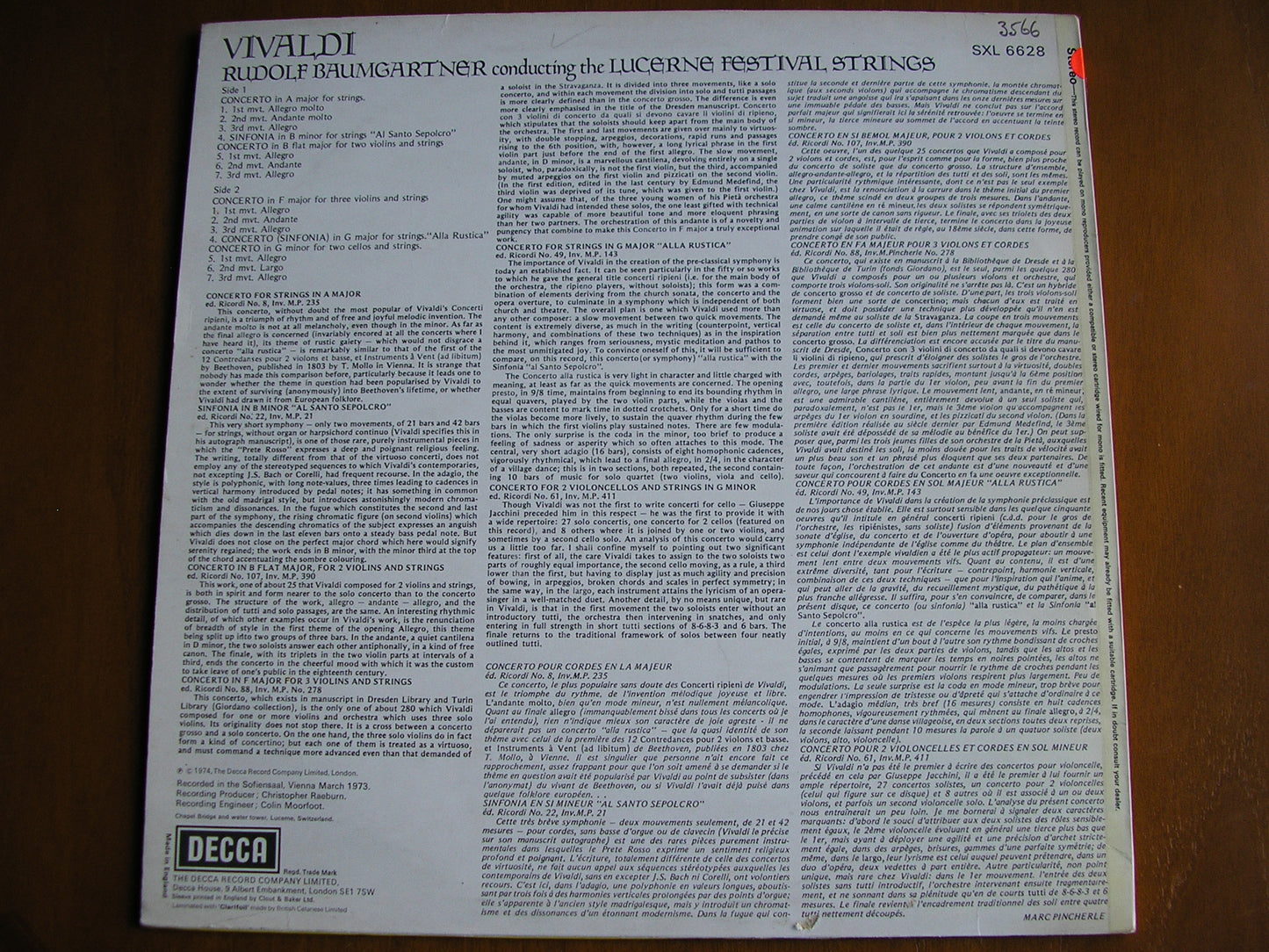 VIVALDI: TWO SINFONIAS / FOUR CONCERTOS FOR STRINGS BAUMGARTNER / LUCERNE FESTIVAL STRINGS test pressing SXL 6628
