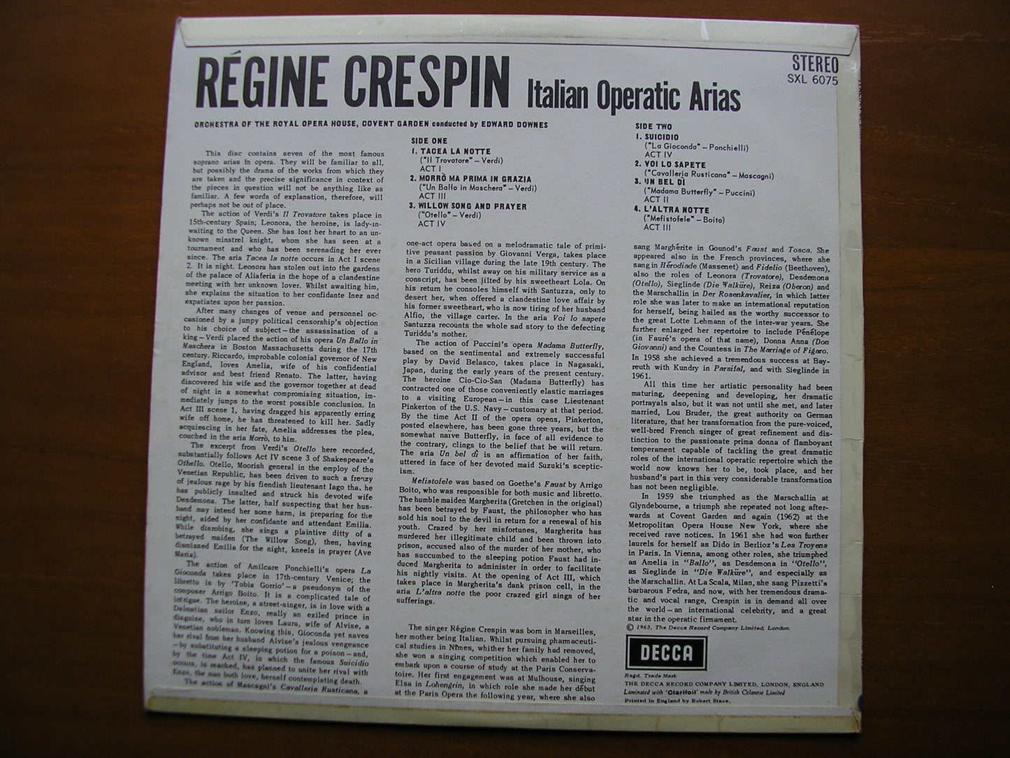 SXL 6075 ITALIAN ARIAS: VERDI / PONCHIELLI / BOITO / MASCAGNI / PUCCINI CRESPIN / OROHCG / DOWNES ED1