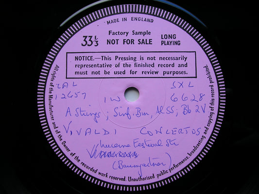 VIVALDI: TWO SINFONIAS / FOUR CONCERTOS FOR STRINGS BAUMGARTNER / LUCERNE FESTIVAL STRINGS test pressing SXL 6628
