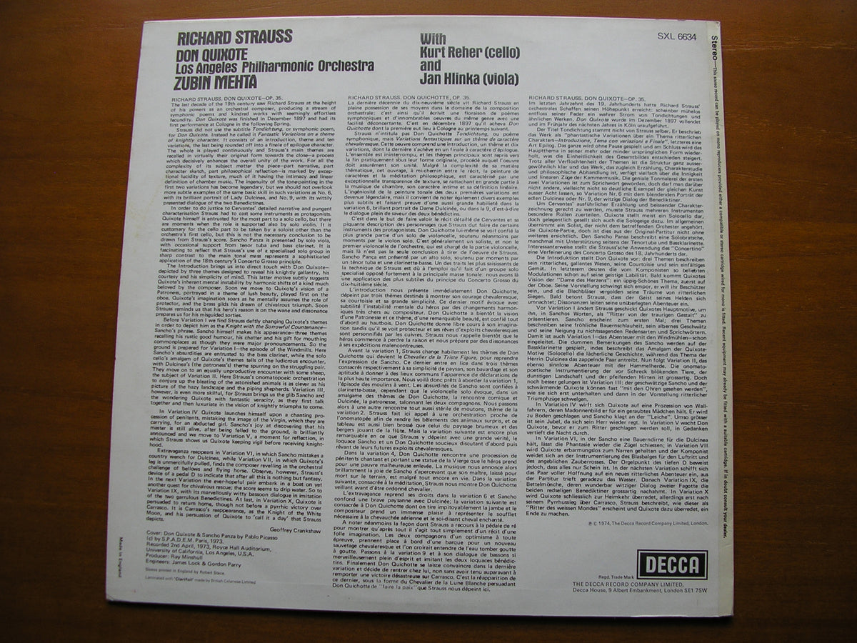 STRAUSS: DON QUIXOTE REHER / LOS ANGELES PHILHARMONIC / MEHTA SXL 6634