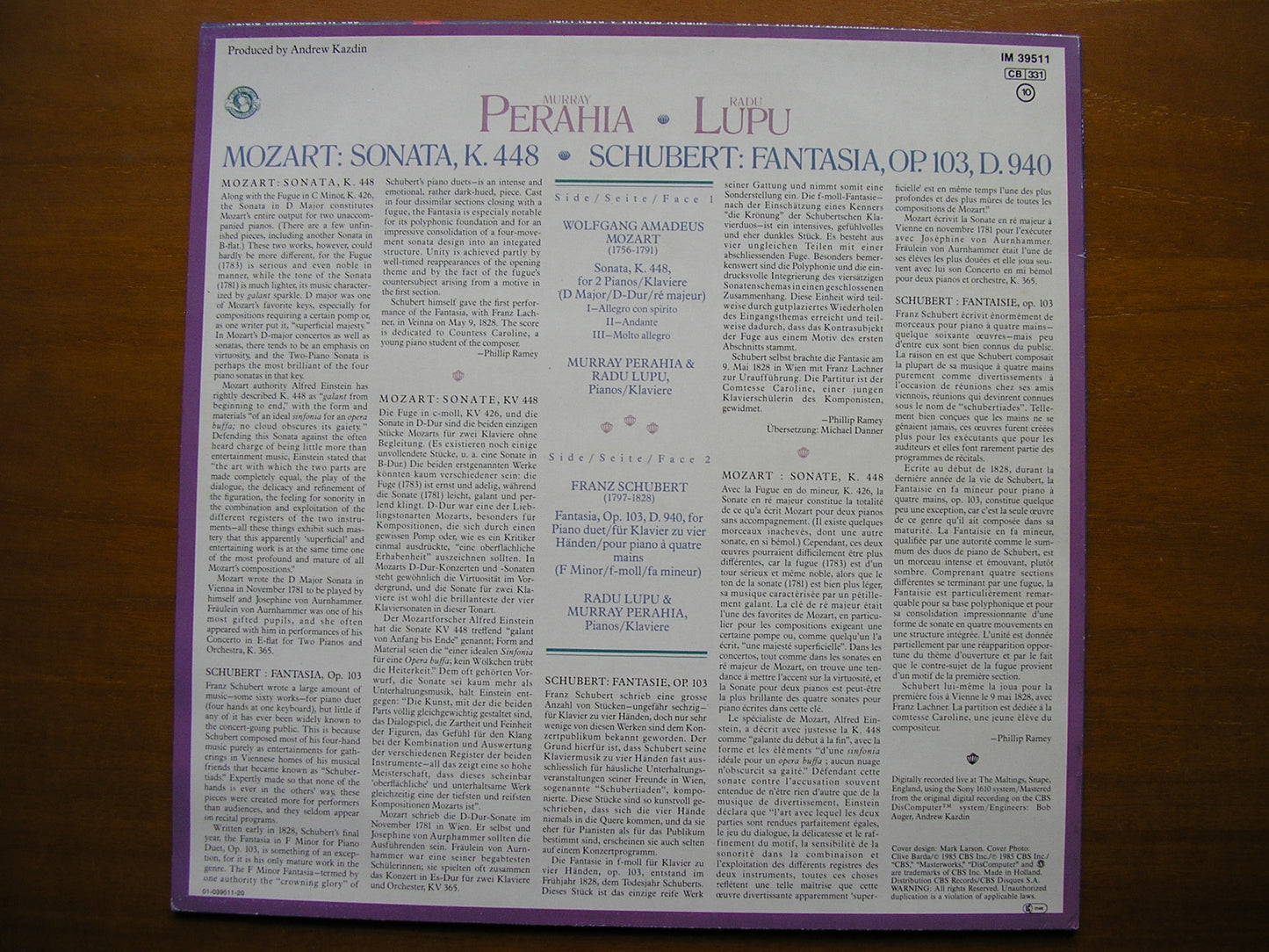 MOZART: SONATA in D for TWO PIANOS / SCHUBERT: FANTASIA in F for PIANO DUET PERAHIA / LUPU IM 39511