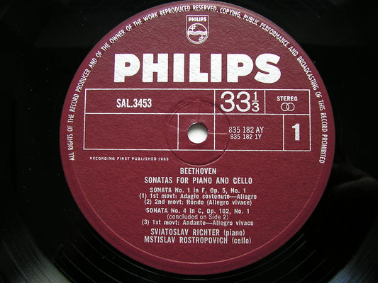 BEETHOVEN: COMPLETE SONATAS FOR CELLO & PIANO ROSTROPOVICH / RICHTER 2LP SAL 3453 / 4