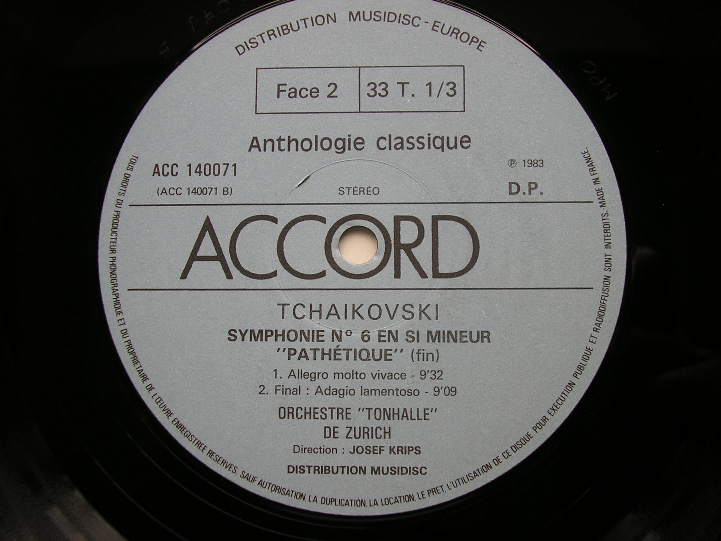 TCHAIKOVSKY: SYMPHONY No. 6 'Pathetique' KRIPS / ZURICH TONHALLE ACC 140 071