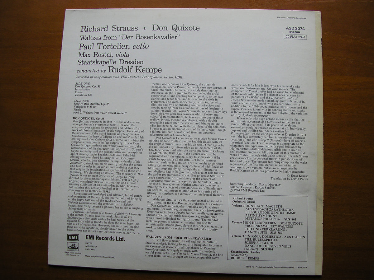 STRAUSS: DON QUIXOTE / ROSENKAVALIER Waltzes TORTELIER / STAATSKAPELLE DRESDEN / KEMPE ASD 3074