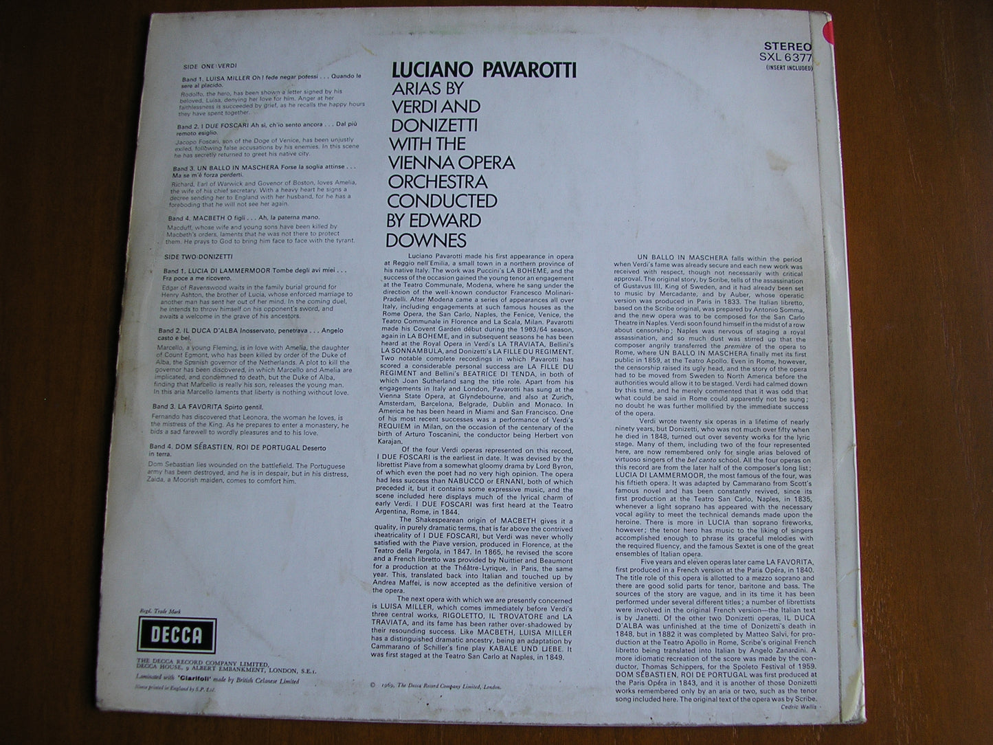 PAVAROTTI SINGS ARIAS BY VERDI & DONIZETTI PAVAROTTI / VIENNA OPERA ORCHESTRA / DOWNES test pressing SXL 6377