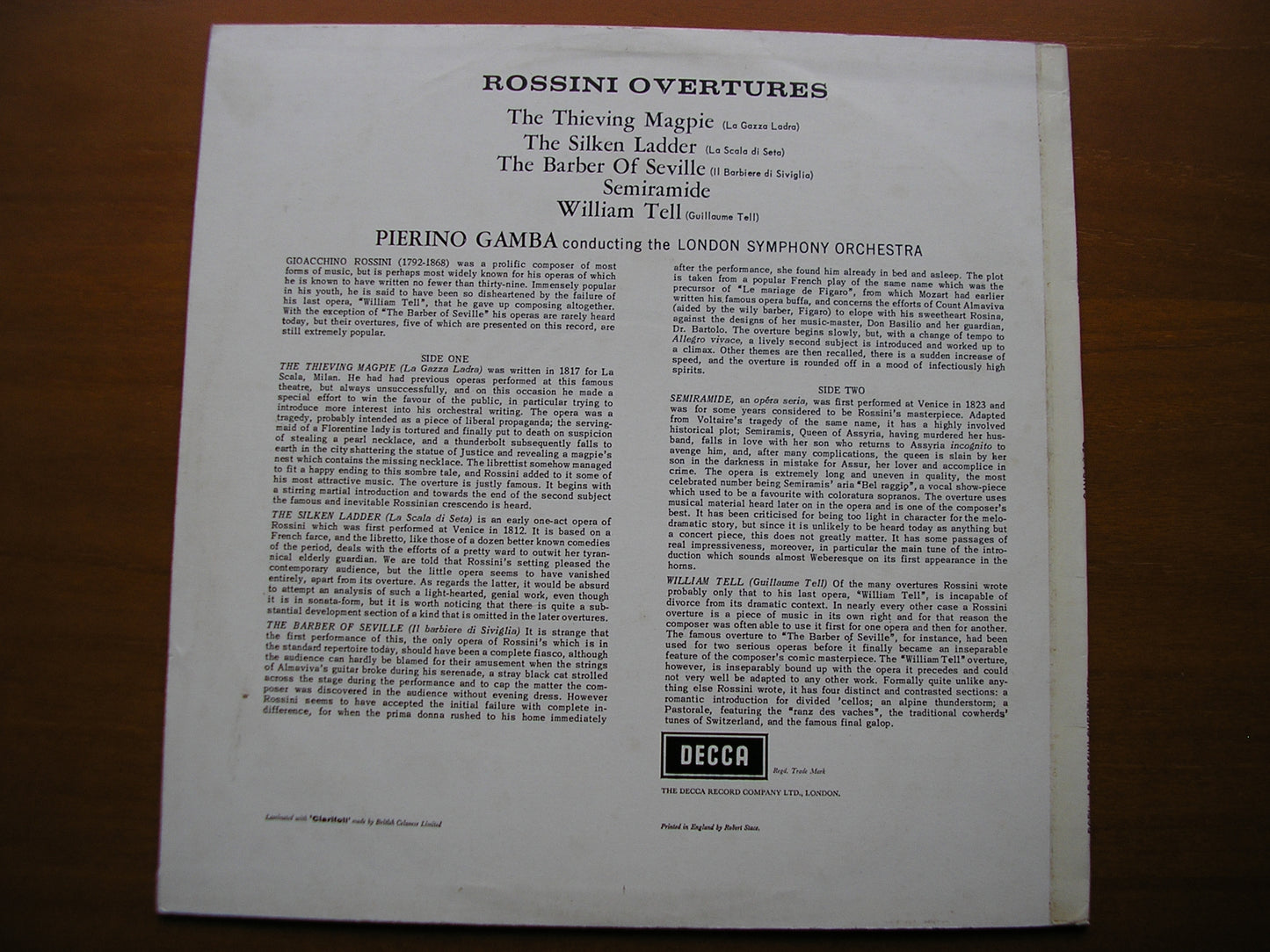 SXL 2266 ROSSINI: FIVE OVERTURES GAMBA / LONDON SYMPHONY ED4