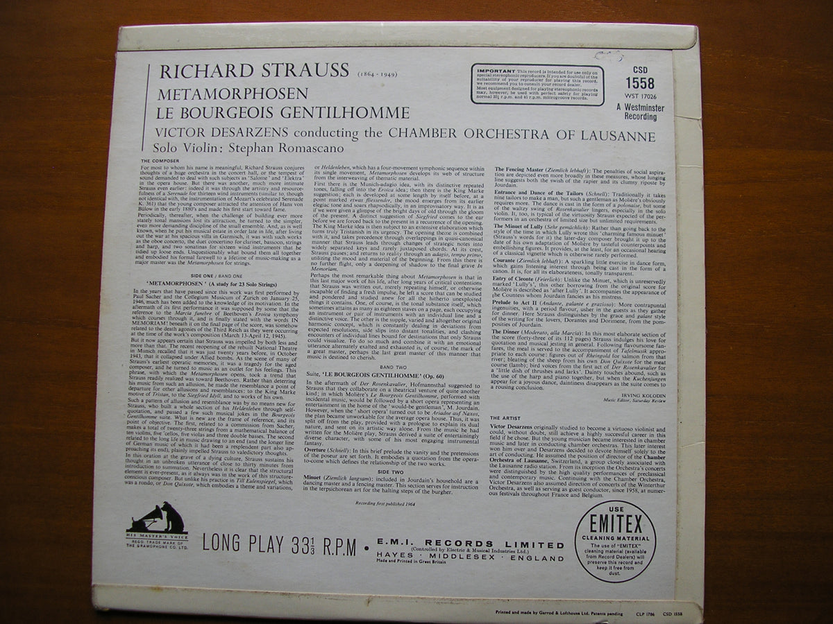 STRAUSS: METAMORPHOSEN / LE BOURGEOIS GENTILHOMME DESARZENS / LAUSANNE CHAMBER ORCHESTRA CSD 1558