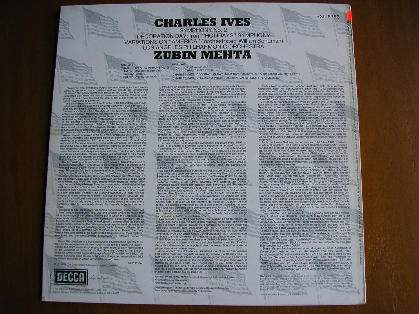 IVES: SYMPHONY No. 2 / VARIATIONS / DECORATION DAY MEHTA / LOS ANGELES PHILHARMONIC test pressing SXL 6753