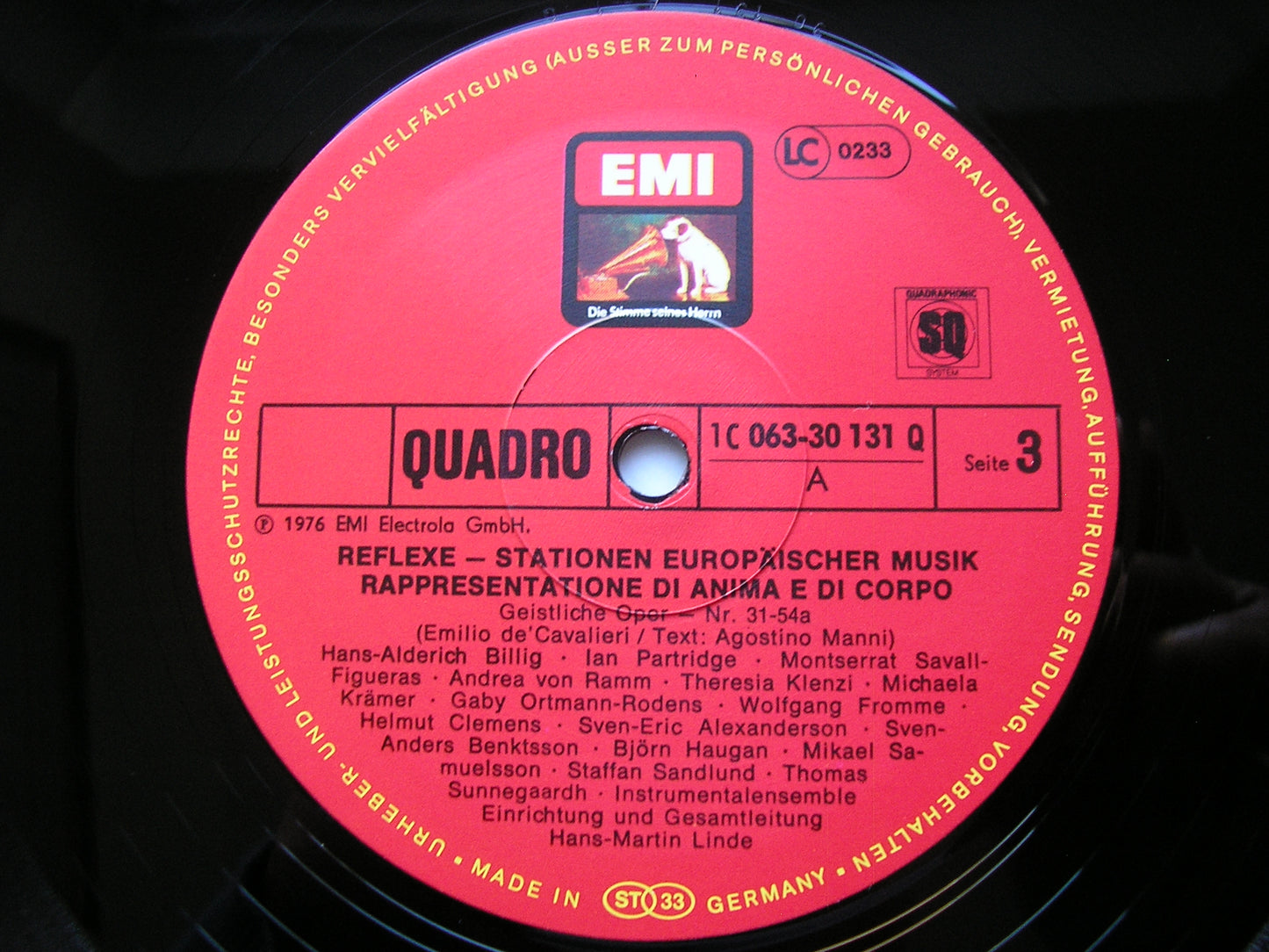 DE CAVALIERI: RAPPRESENTAZIONE DI ANIMA E DI CORPO SOLOISTS / INSTRUMENTAL ENSEMBLE / LINDE 2LP 063 30 130/1