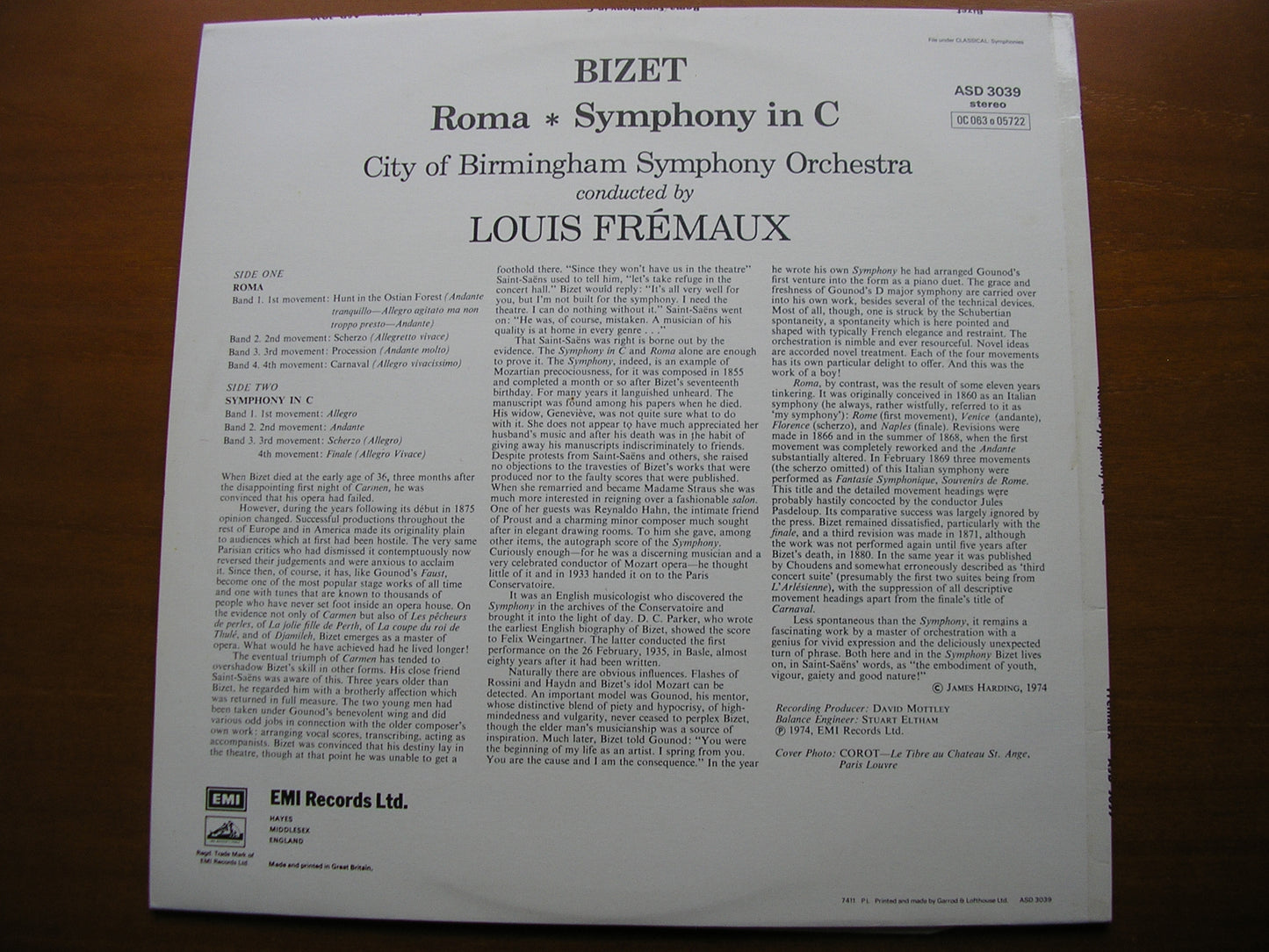 BIZET: ROMA / SYMPHONY in C      LOUIS FREMAUX / CITY OF BIRMINGHAM SYMPHONY ORCHESTRA      ASD 3039