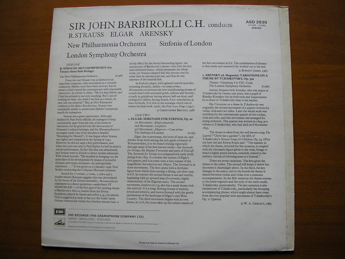 STRAUSS: METAMORHOSEN / ELGAR: SERENADE / ARENSKY: TCHAIKOVSKY VARIATIONS BARBIROLLI / NPO / LSO ASD 2830