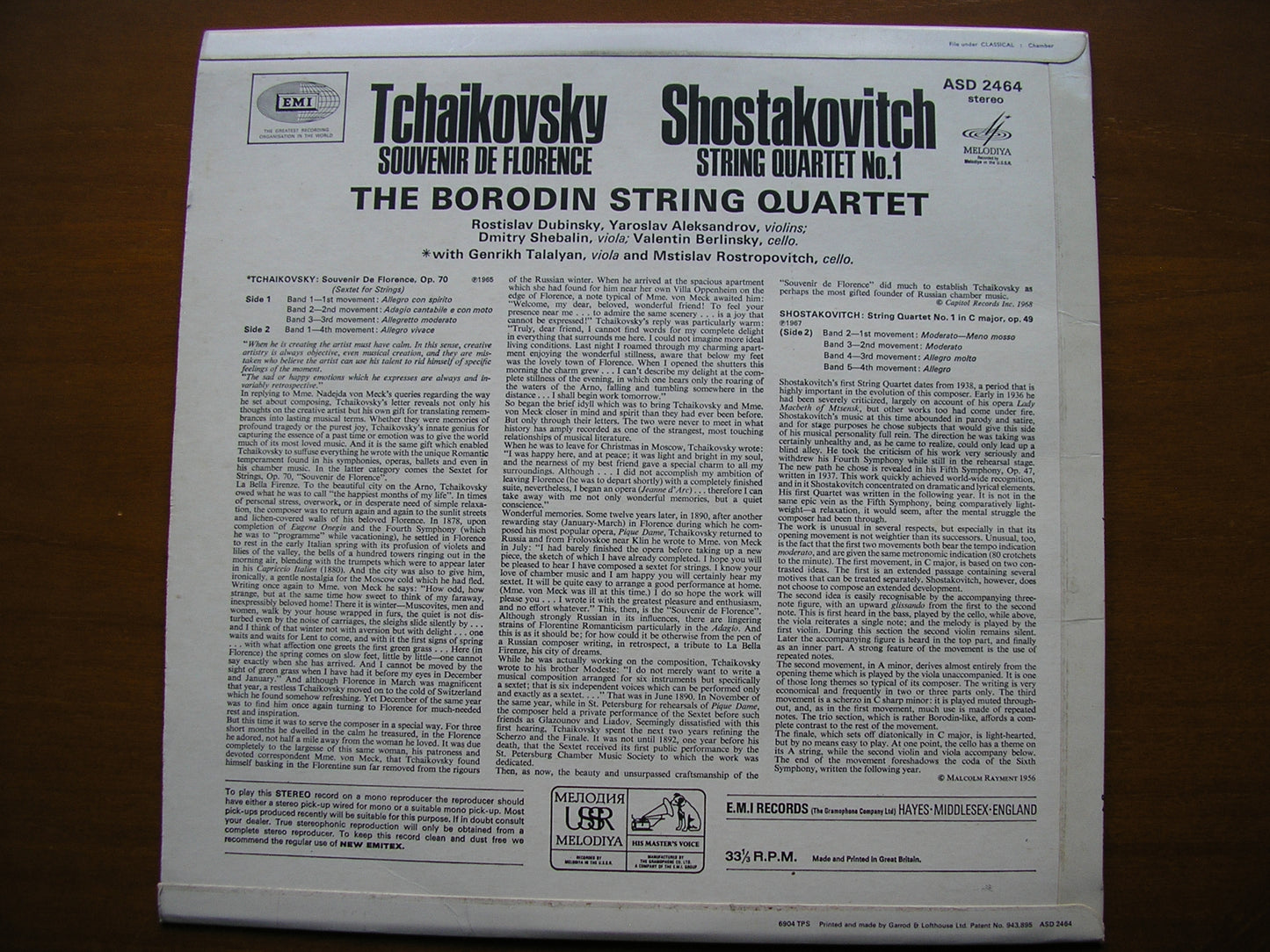 TCHAIKOVSKY: SOUVENIR DE FLORENCE / SHOSTAKOVICH: STRING QUARTET No. 1 ROSTROPOVICH / BORODIN STRING QUARTET ASD 2464