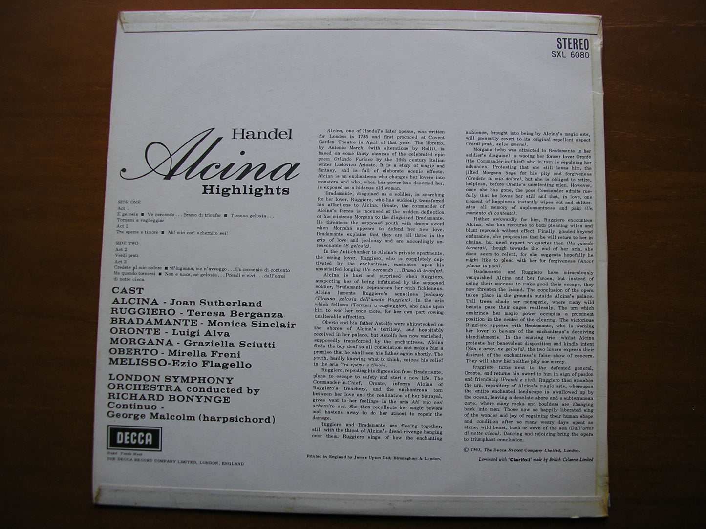 SXL 6080 HANDEL: ALCINA excerpts SUTHERLAND / BERGANZA / FRENI / ALVA / LONDON SYMPHONY / BONYNGE ED1